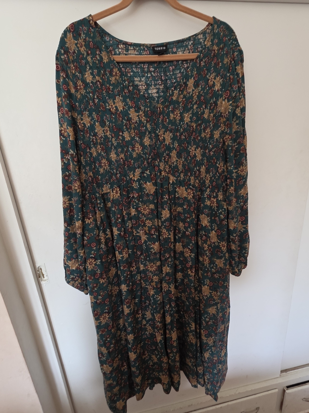 torrid Teal Floral Smocked Tiered Midi Dress with Long Sleeves